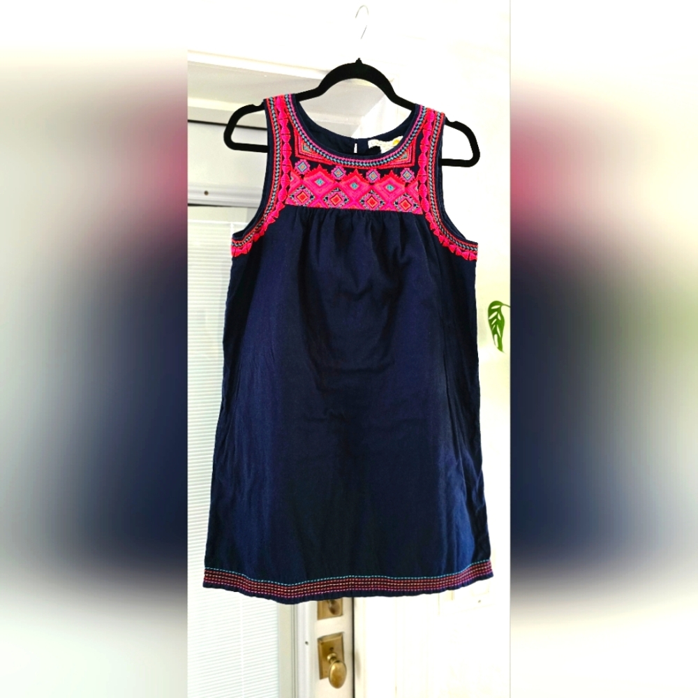 C&C California 100% Cotton Navy Pink Turquoise Embroidered Dress Medium